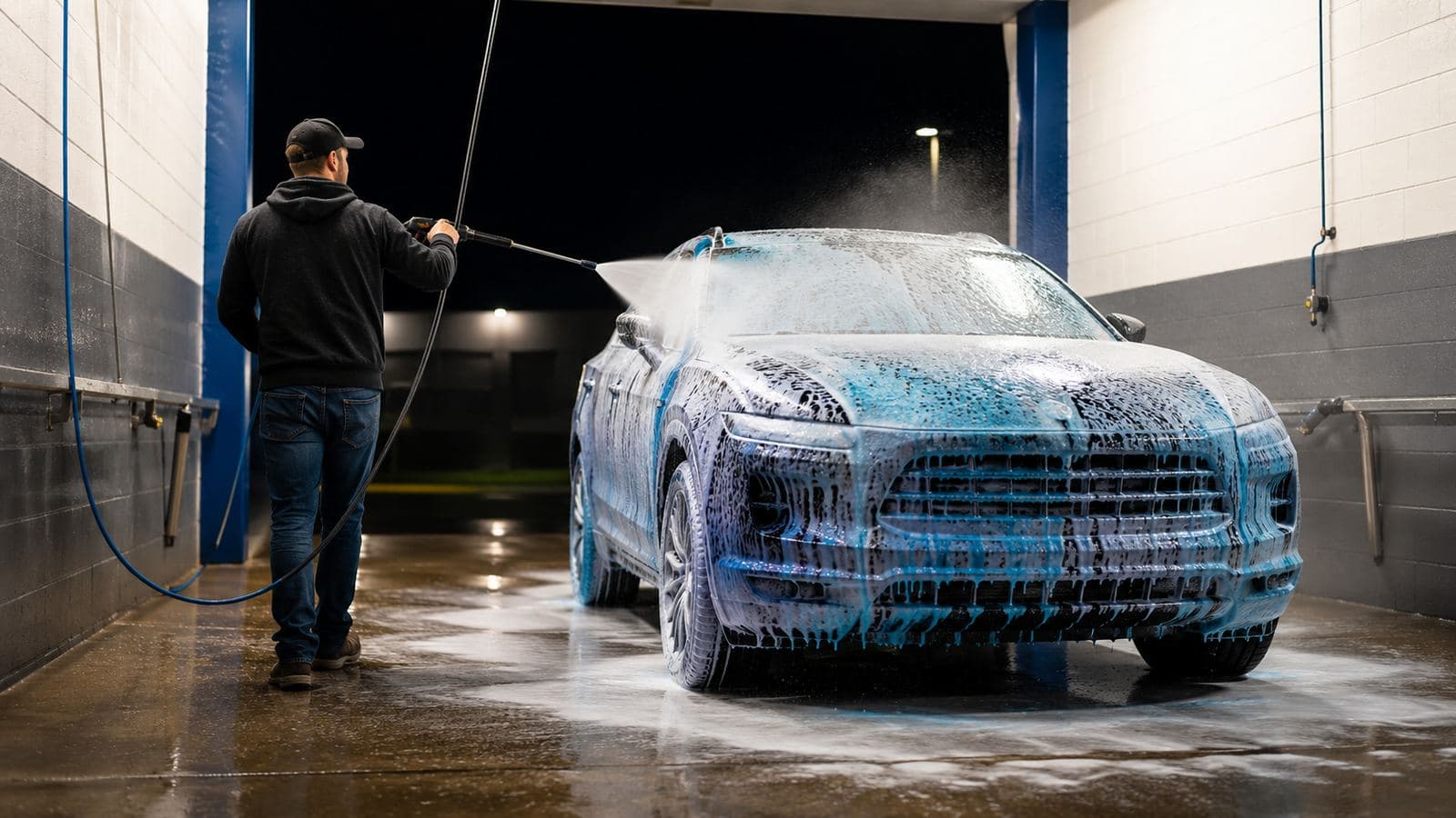 A customer rinsing thick foam off their SUV in a self-serve hand bay