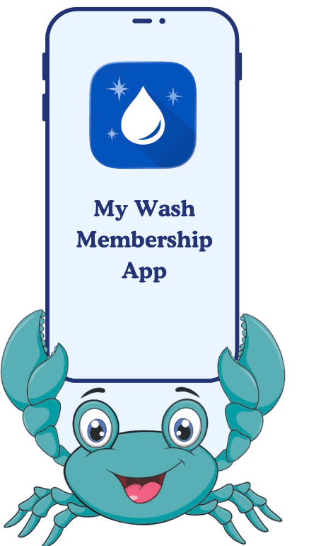 The Water Works crab mascot holding up a phone running the My Wash Membership app